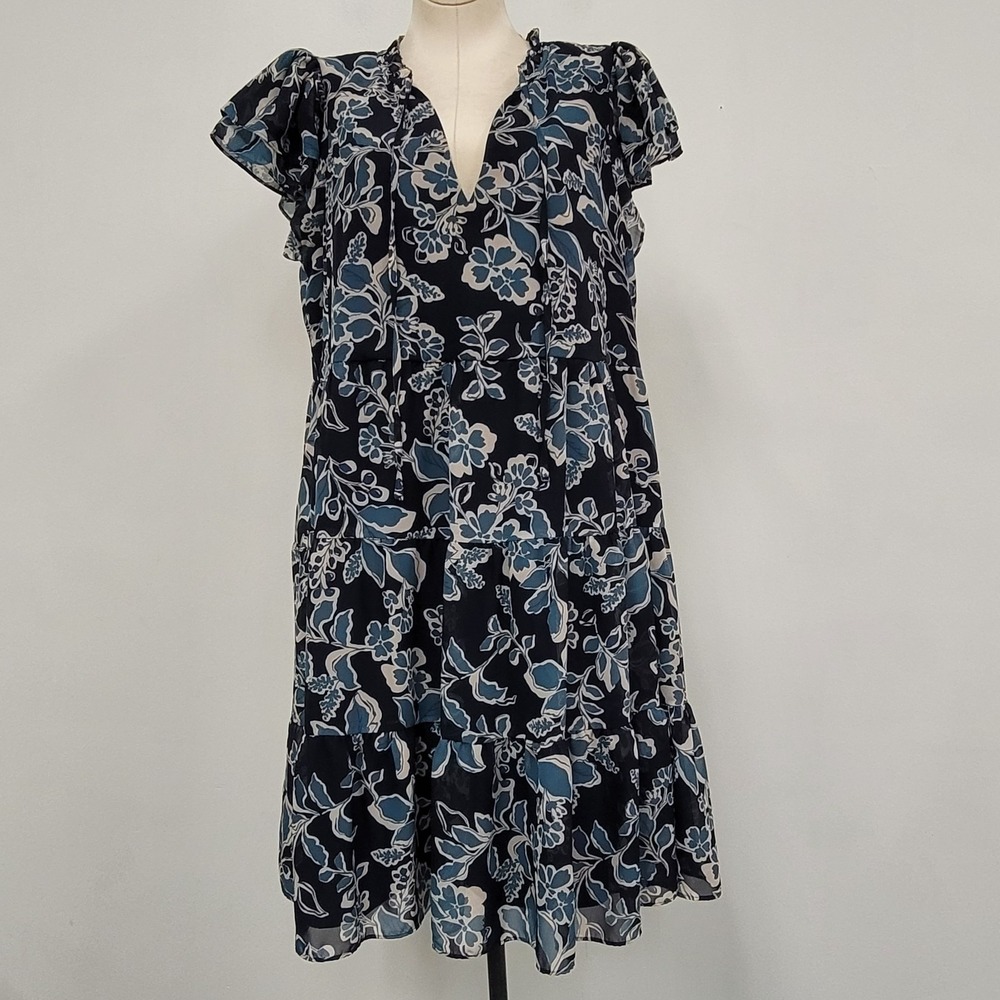 Eliza J Navy Floral V-Neck Tiered Mini Dress with Light Blue Accents